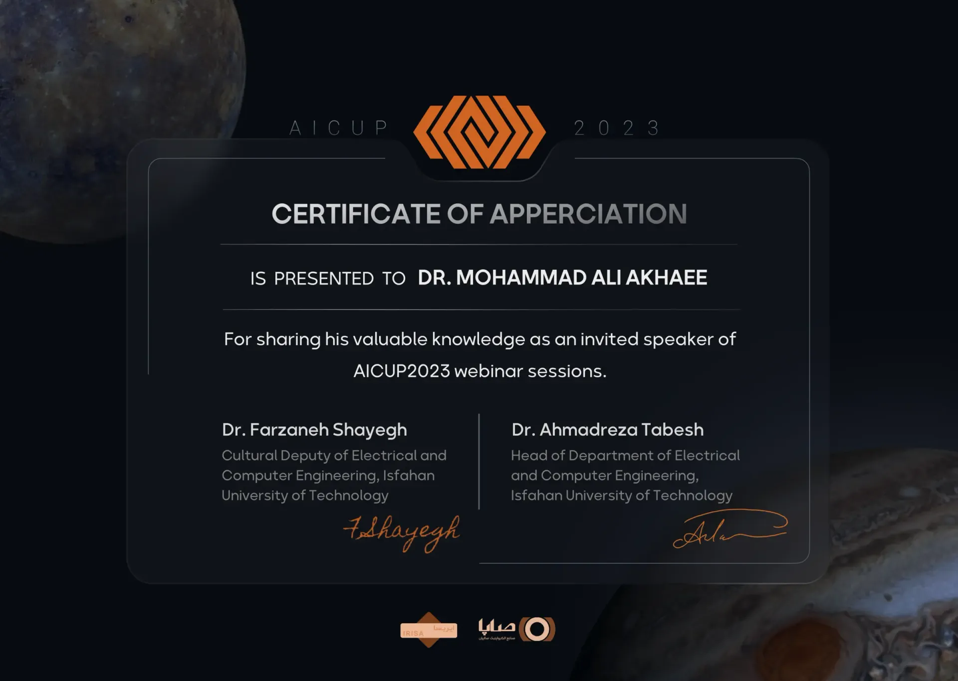 Certificate of appreciation for the webinar speaker