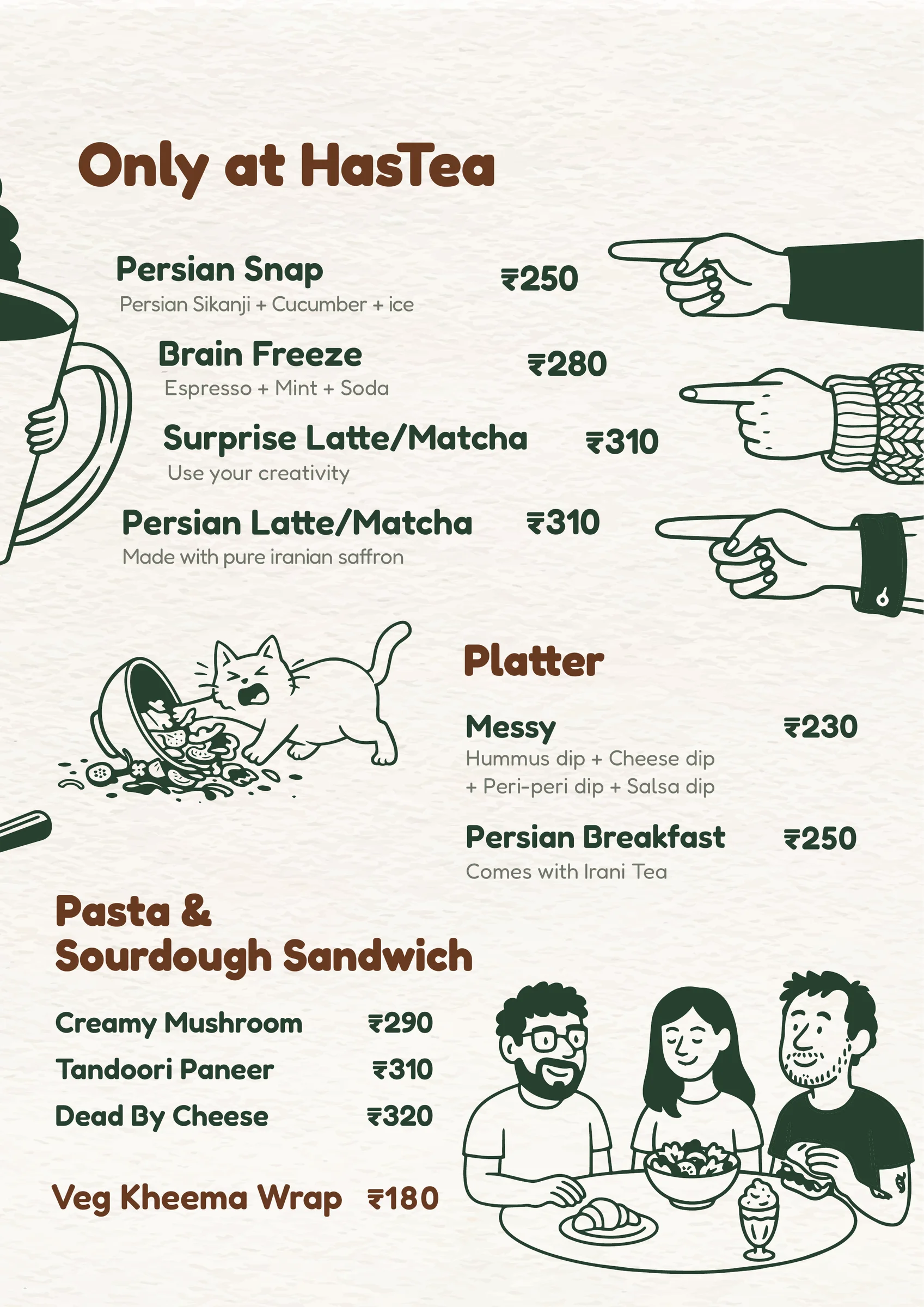 2026 menu, food side with pointing hands and a café scene