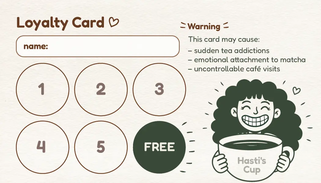 Redesigned loyalty card with warning copy and Hasti