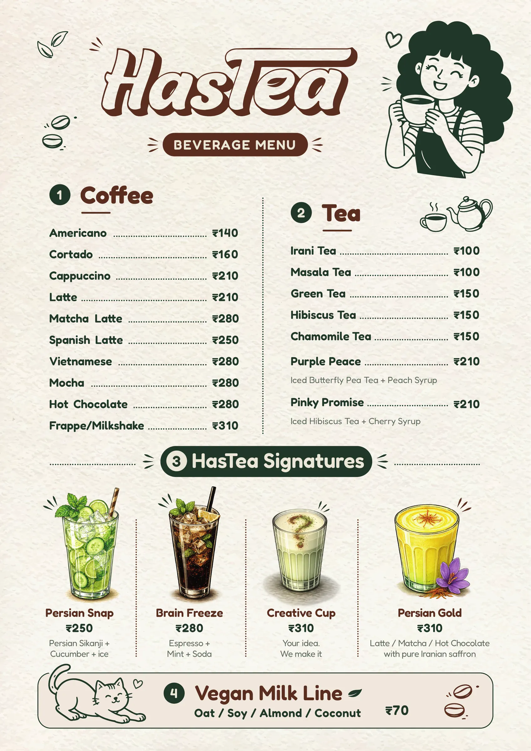 HasTea beverage menu: coffee, tea, HasTea signatures and the vegan milk line