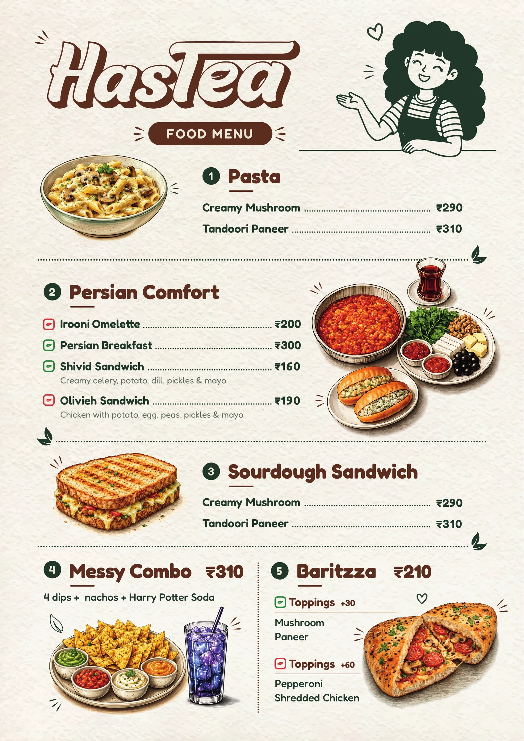 HasTea food menu: pasta, Persian comfort, sourdough sandwiches, Messy Combo and Baritzza