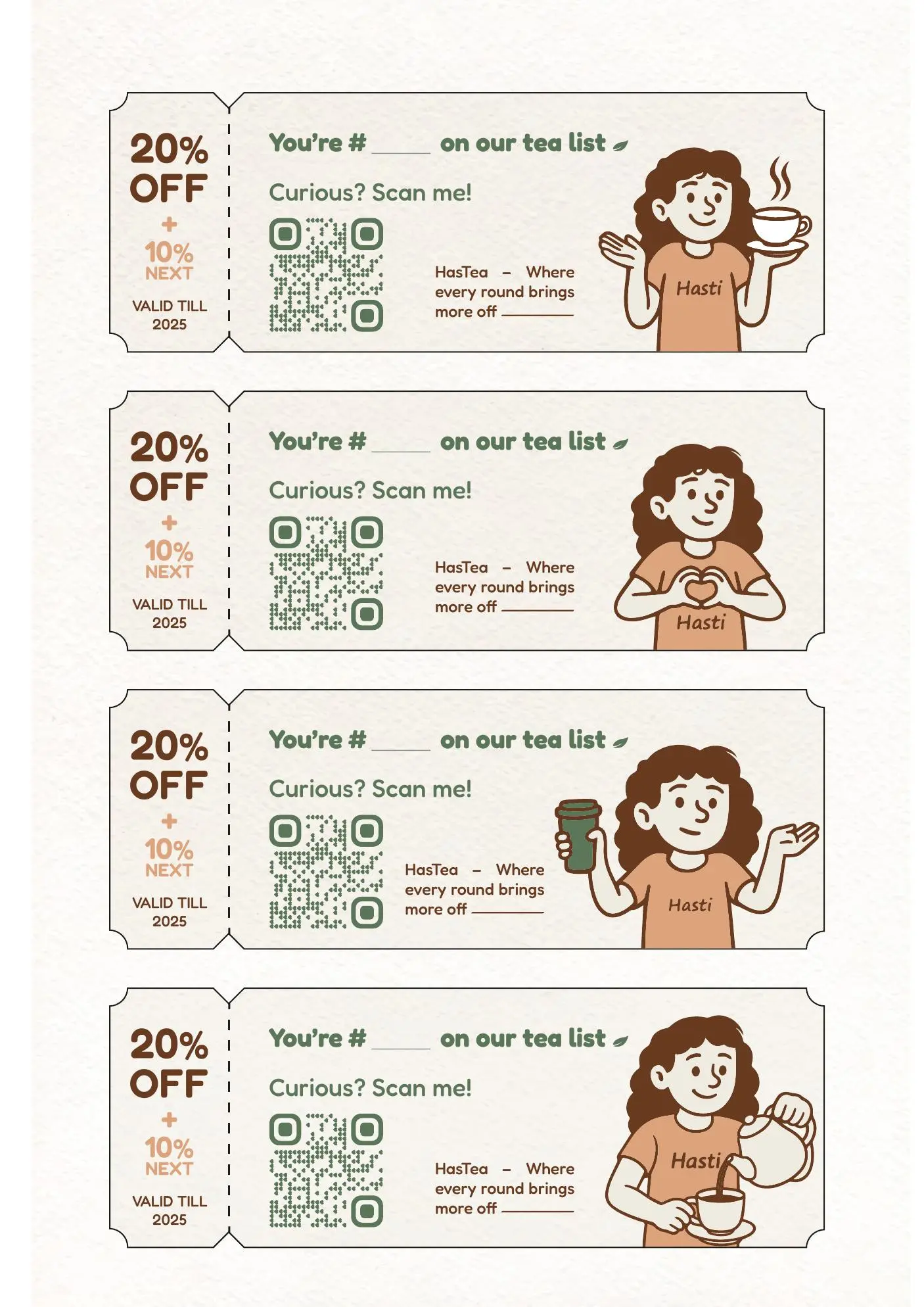 HasTea discount coupons, offer side: 20% off plus 10% next time, with a QR code and Hasti