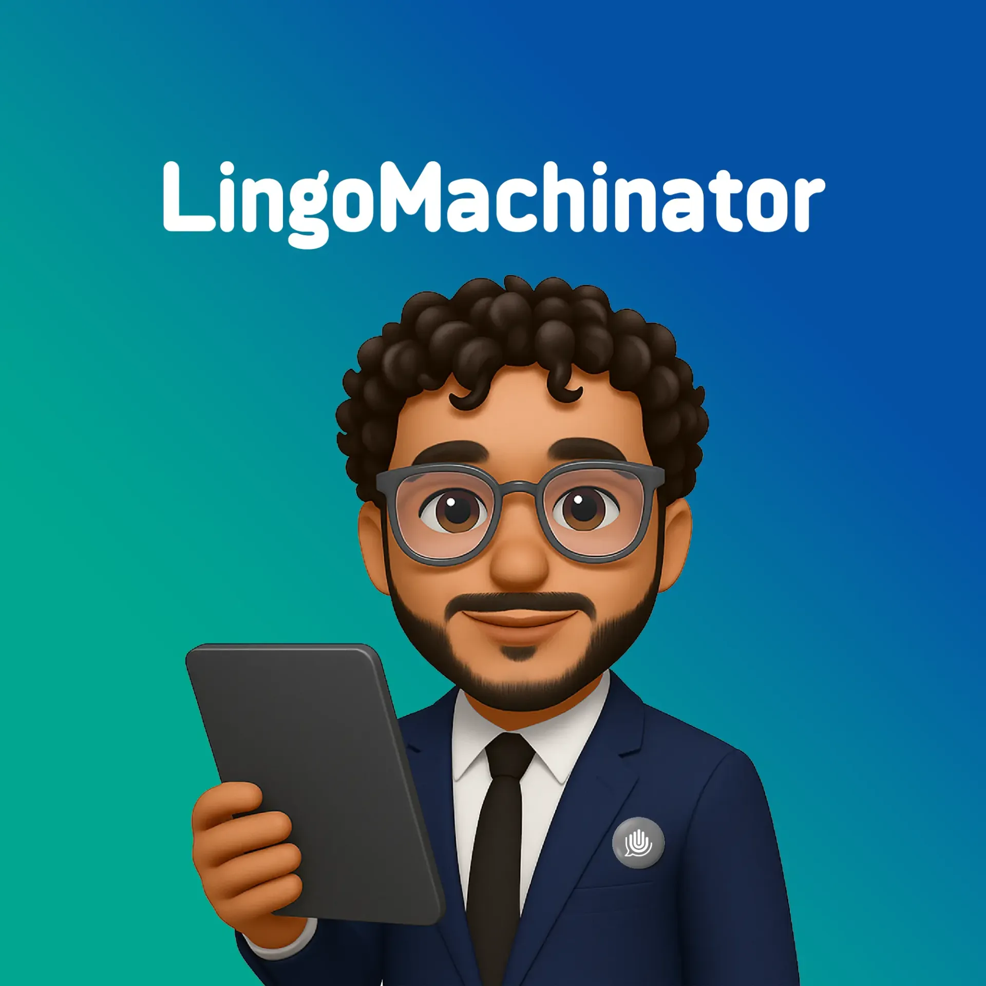 LingoMachinator holding a tablet