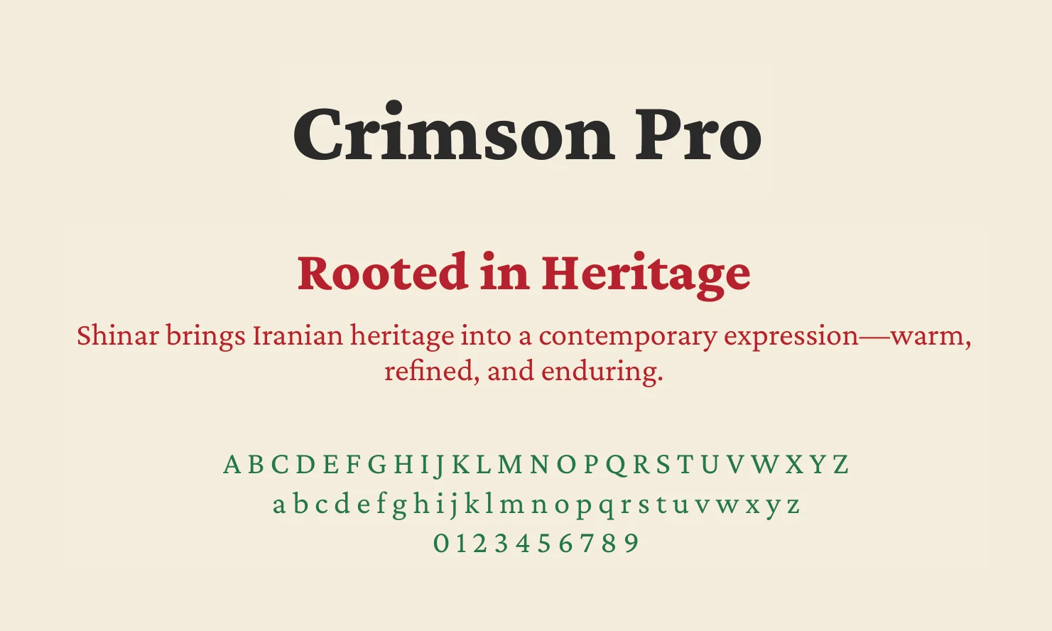 Crimson Pro, the English typeface: name, sample line and alphabet